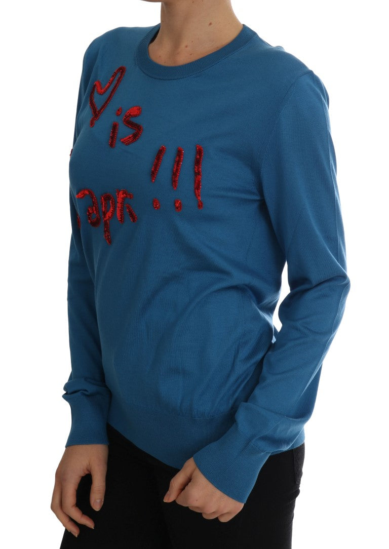 Dolce & Gabbana Blue Silk Love is Pullover Women's Sweater
