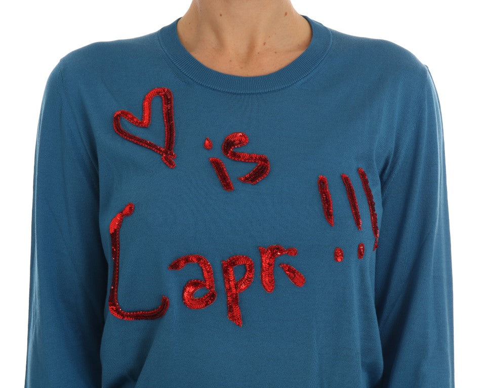 Dolce & Gabbana Blue Silk Love is Pullover Women's Sweater