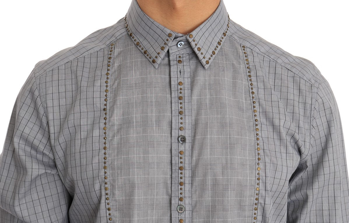Dolce & Gabbana Gray Check GOLD Cotton Slim Fit Men's Shirt
