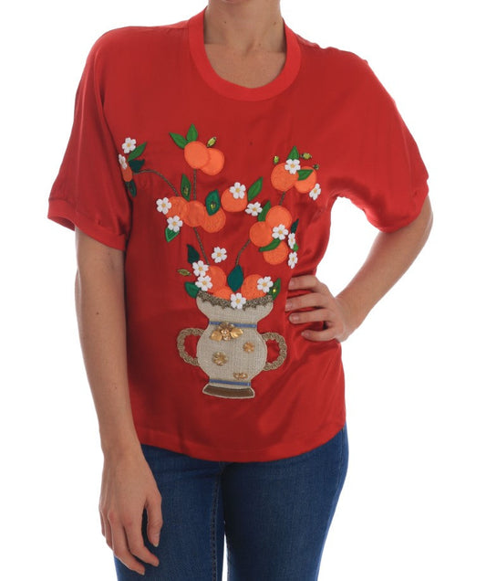 Dolce & Gabbana Red Silk Oranges Floral Crystal Women's Blouse