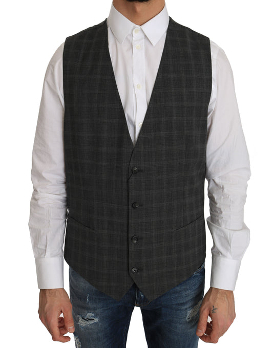 Dolce & Gabbana Gray Wool STAFF Checkered Stretch Men's Vest