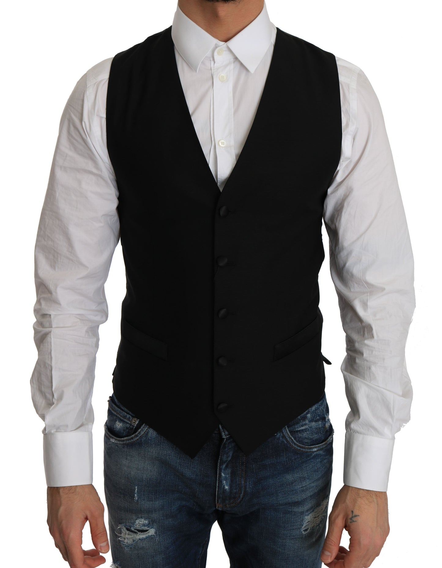 Dolce & Gabbana Black Wool Dress Men's Waistcoat