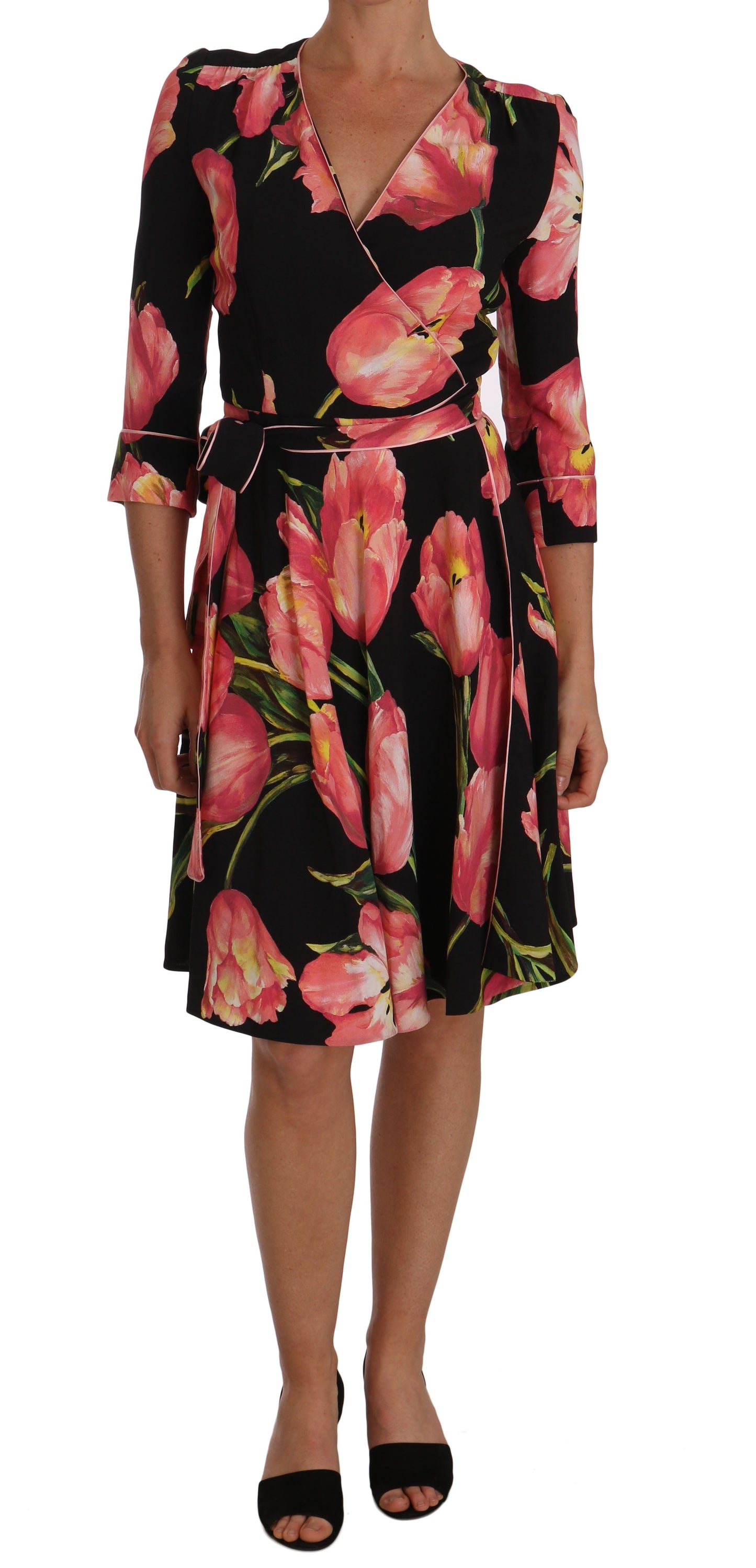 Dolce & Gabbana Black Pink Tulip Print Stretch Shift Women's Dress
