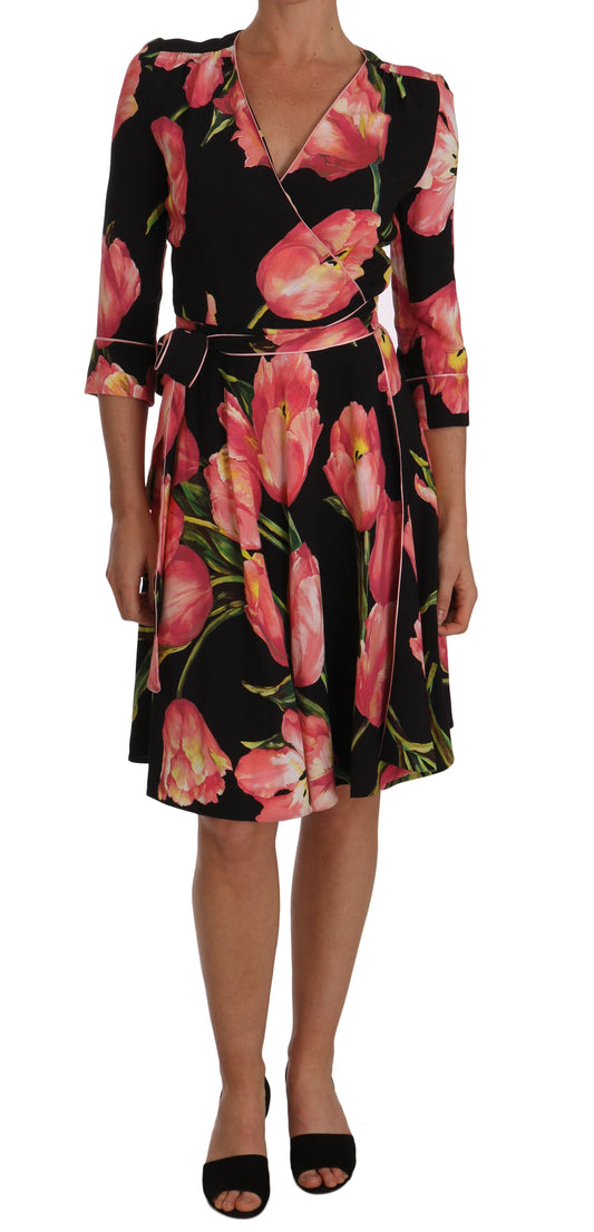 Dolce & Gabbana Black Pink Tulip Print Stretch Shift Women's Dress