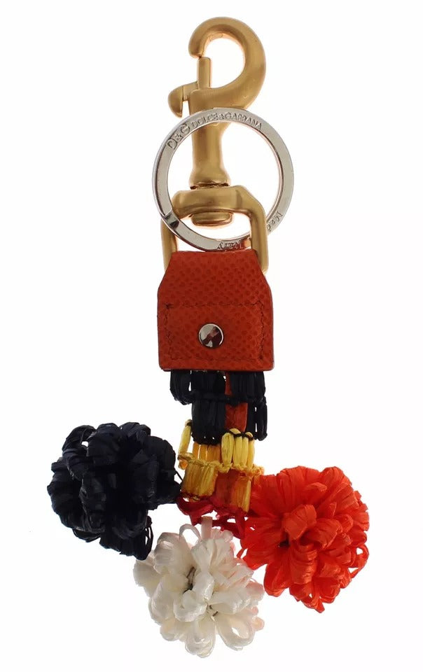 Dolce & Gabbana Brown Gold Raffia Leather Clasp Finder Chain Women's Keyring
