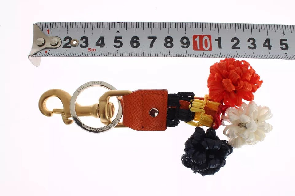 Dolce & Gabbana Brown Gold Raffia Leather Clasp Finder Chain Women's Keyring