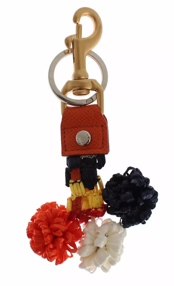 Dolce & Gabbana Brown Gold Raffia Leather Clasp Finder Chain Women's Keyring
