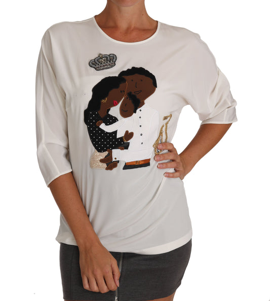 Dolce & Gabbana White Silk #dgfamily Crystal Women's T-shirt