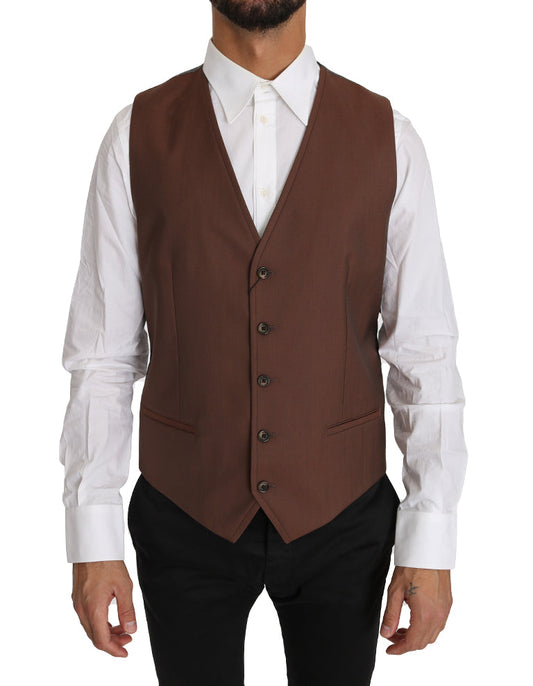 Dolce & Gabbana Brown Wool Silk Waistcoat Men's Vest
