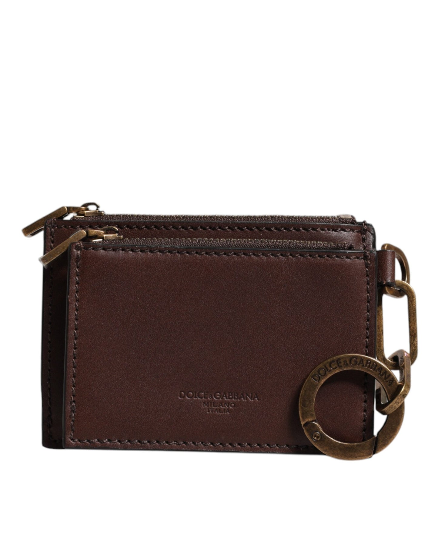 Dolce & Gabbana Brown Leather Zip Logo Keyring Coin Purse Keyring Men's Wallet (Pre-Owned)