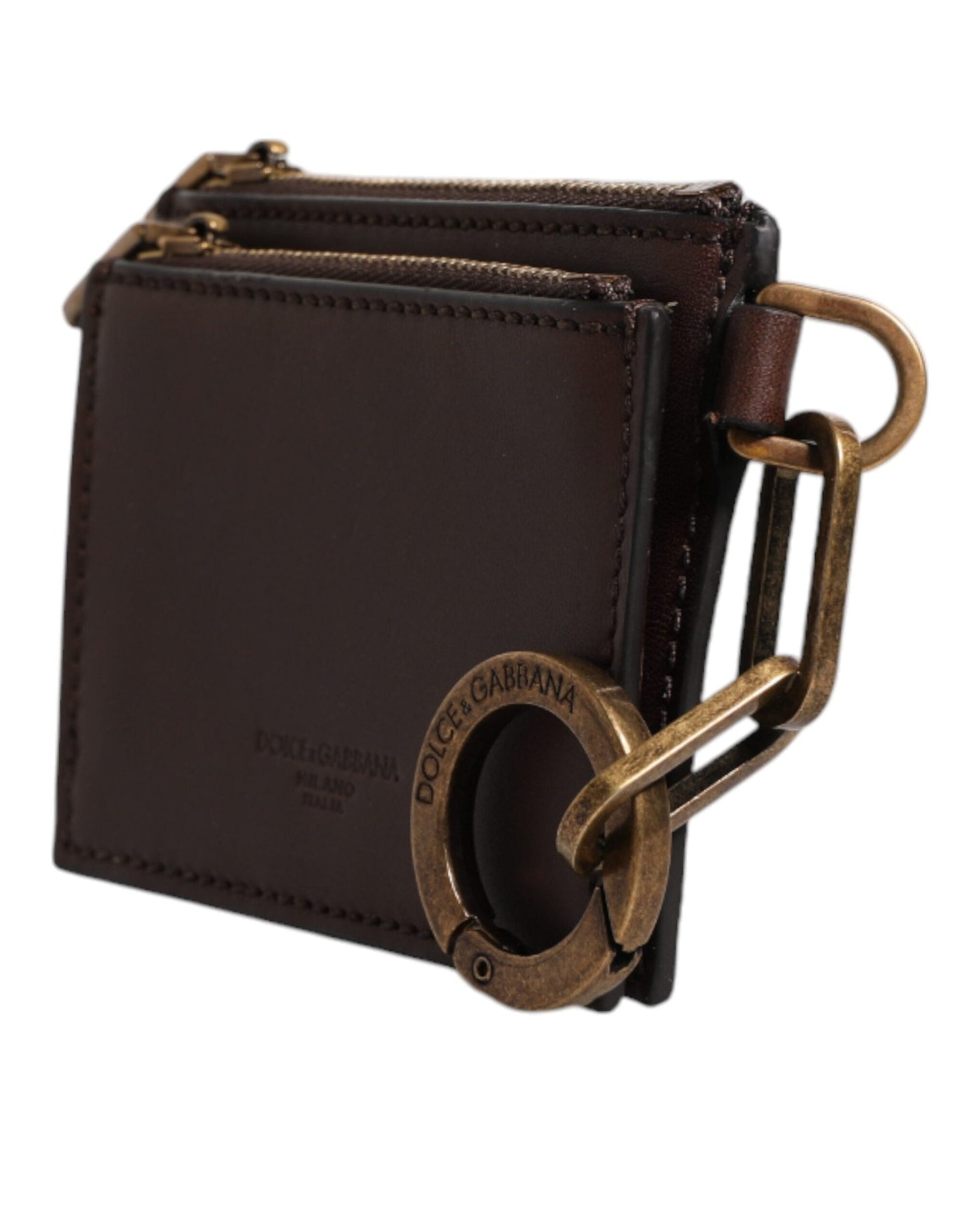 Dolce & Gabbana Brown Leather Zip Logo Keyring Coin Purse Keyring Men's Wallet (Pre-Owned)