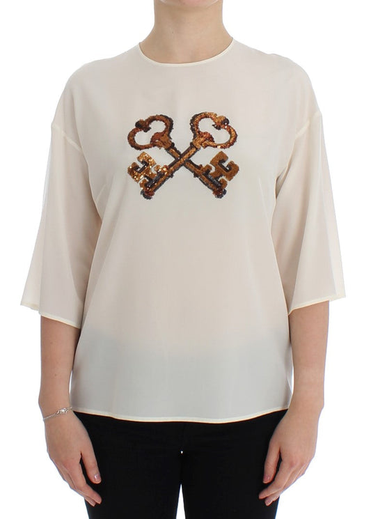 Dolce & Gabbana White Sequined Key Silk Blouse T-shirt Women's Top
