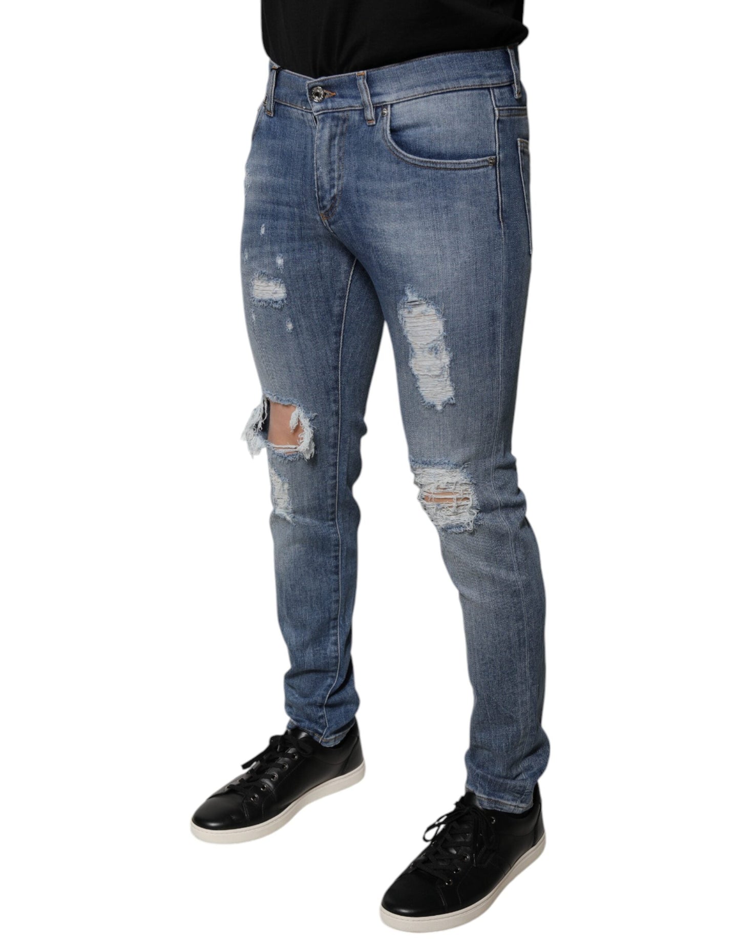 Dolce & Gabbana Blue Tattered Cotton Stretch Skinny Denim Men's Jeans