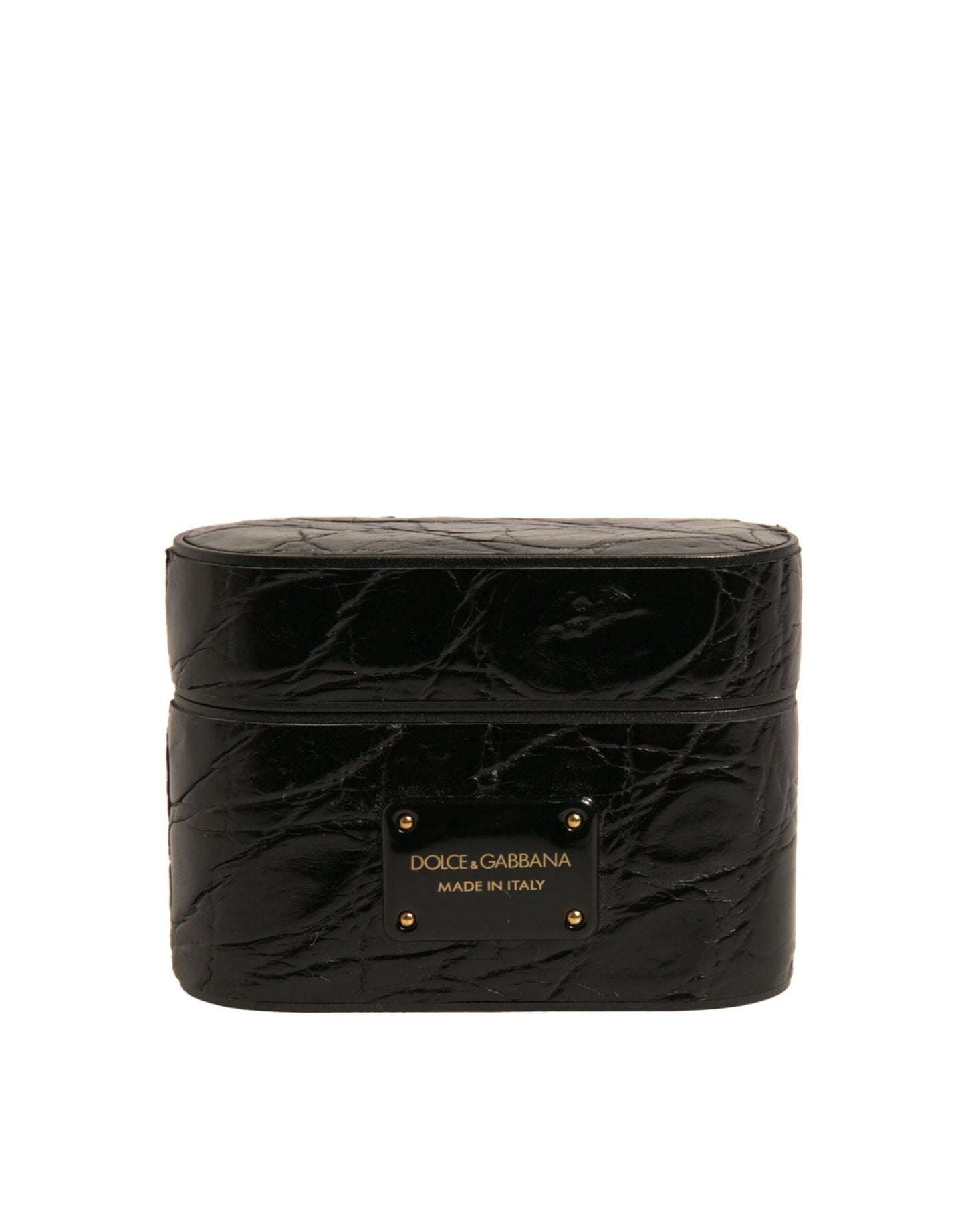Dolce & Gabbana Black Leather Metal Logo Plaque Holder Airpods  Case
