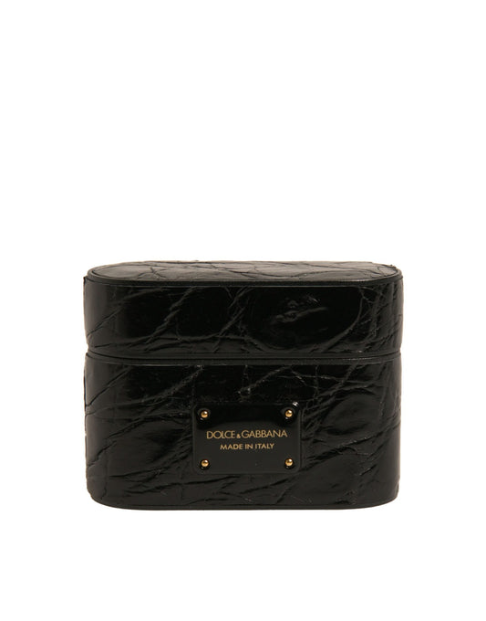 Dolce & Gabbana Black Leather Metal Logo Plaque Holder Airpods  Case