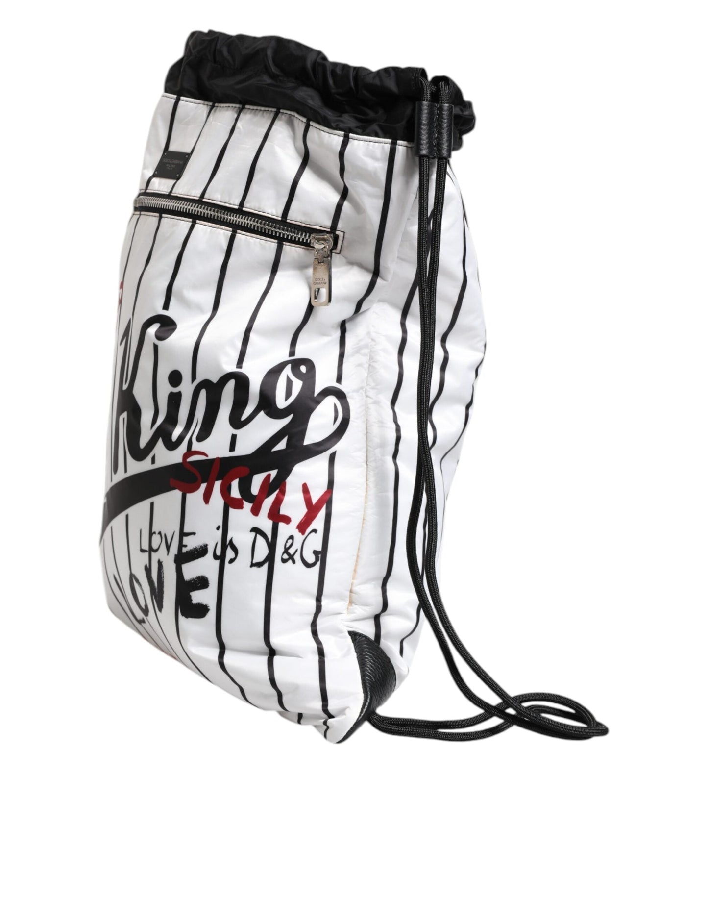 Dolce & Gabbana Black White Striped Polyester Drawstring Men's Bag (Pre-Owned)