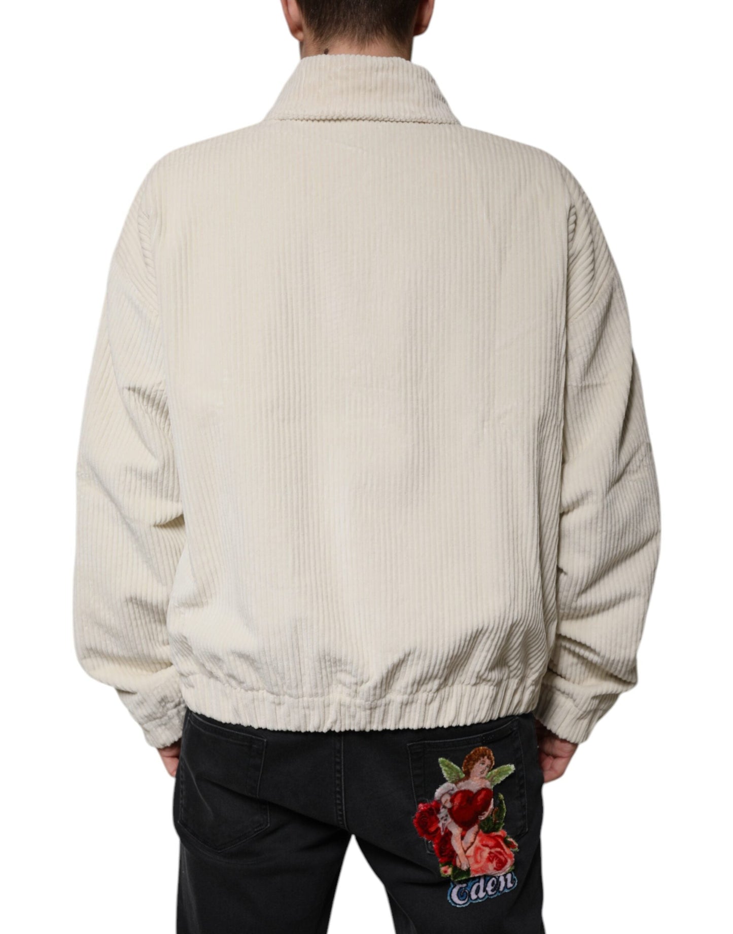 Dolce & Gabbana Beige Logo Applique Cotton Corduroy Full Zip Men's Jacket