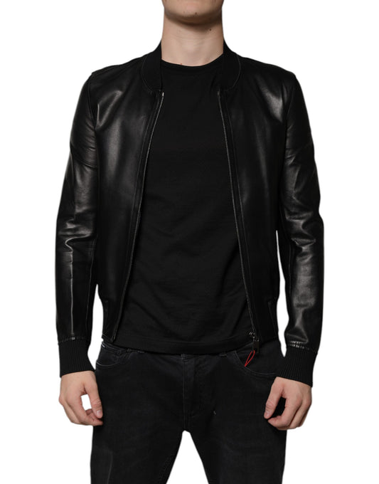 Dolce & Gabbana Black Lambskin Full Zip Biker Blouson Men's Jacket