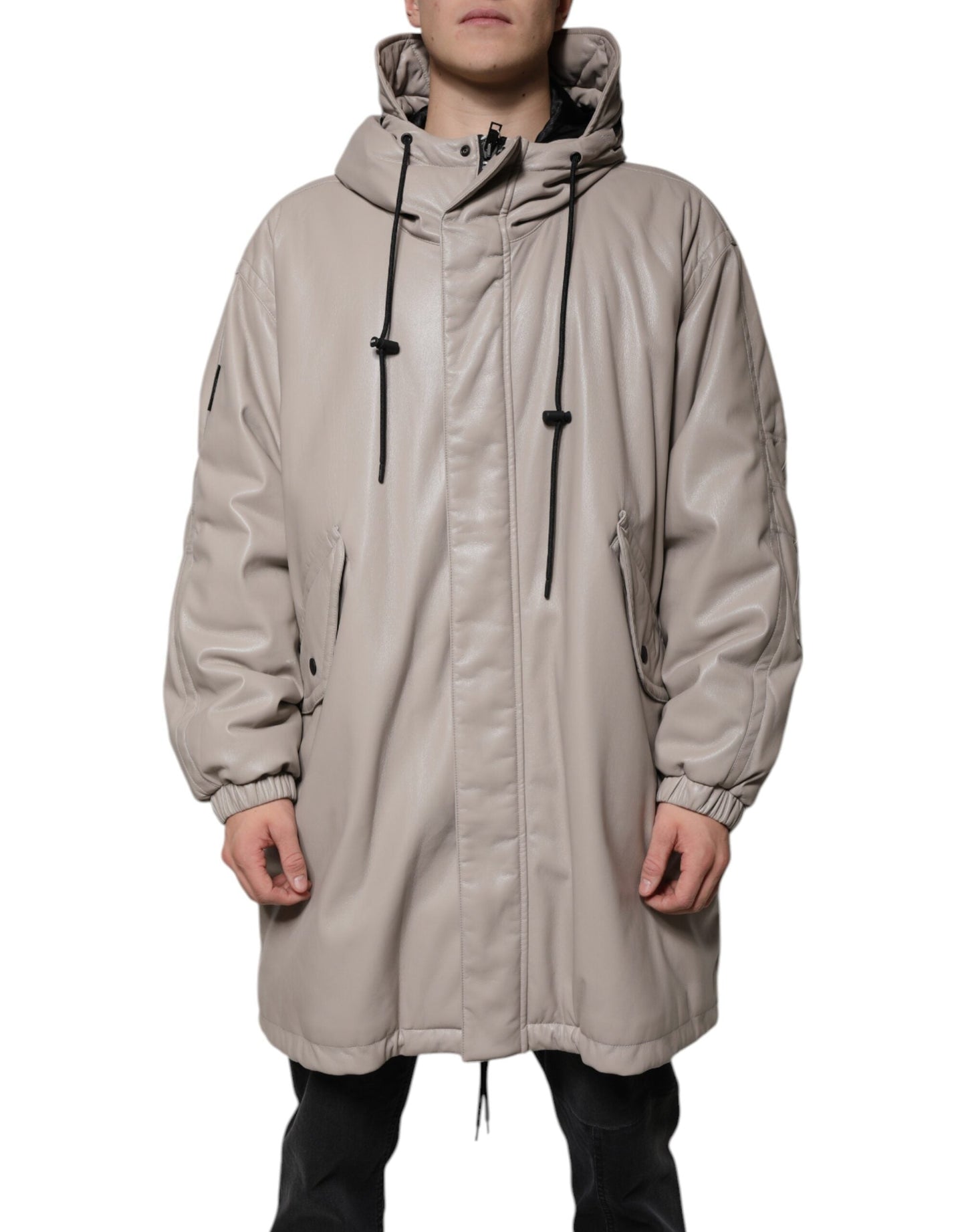 MSGM Beige Full Zip Hooded Long Sleeves Casual Coat Men's Jacket (Pre-Owned)