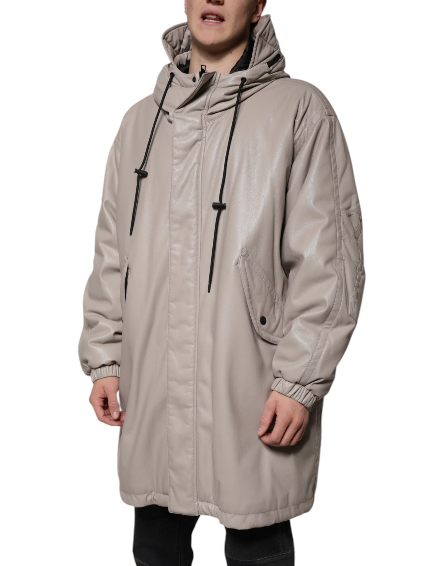 MSGM Beige Full Zip Hooded Long Sleeves Casual Coat Men's Jacket (Pre-Owned)