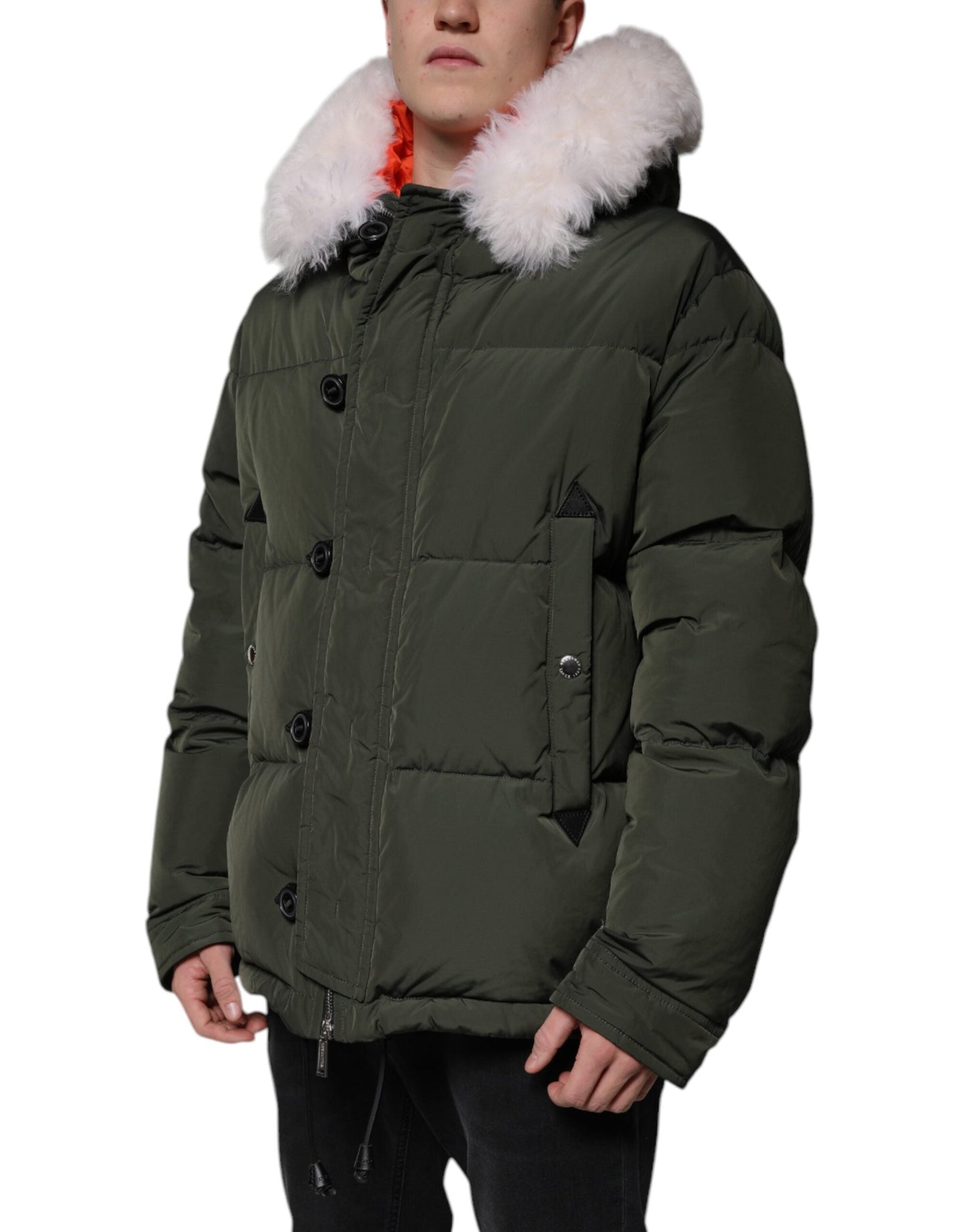 Dsquared�� Green Hooded Long Sleeves Fur Shearling Men's Jacket