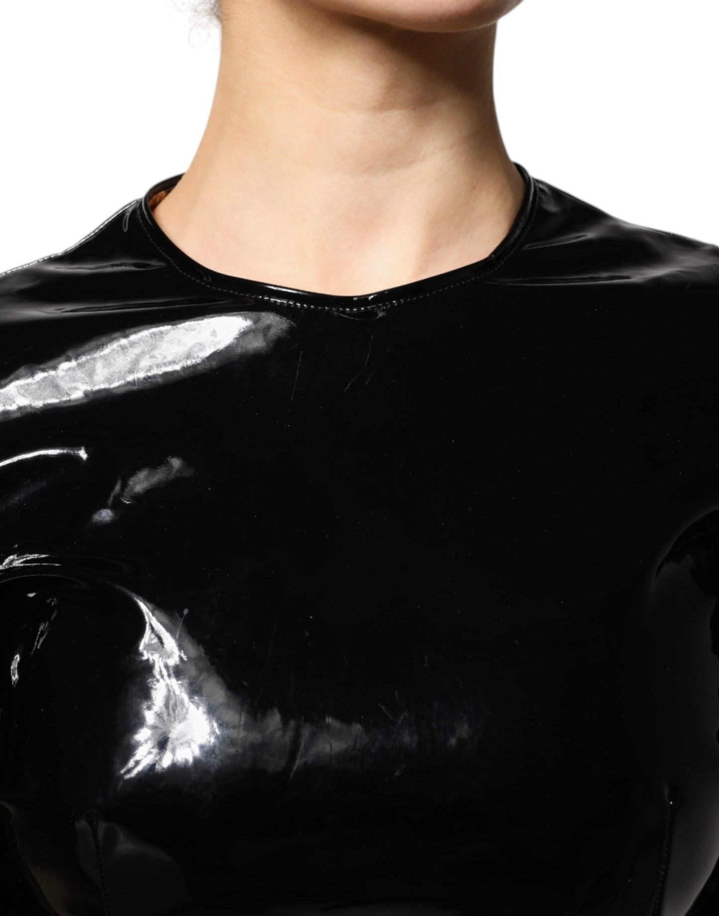 Dolce & Gabbana Black Patent Leather Puff Sleeves Mini Women's Dress