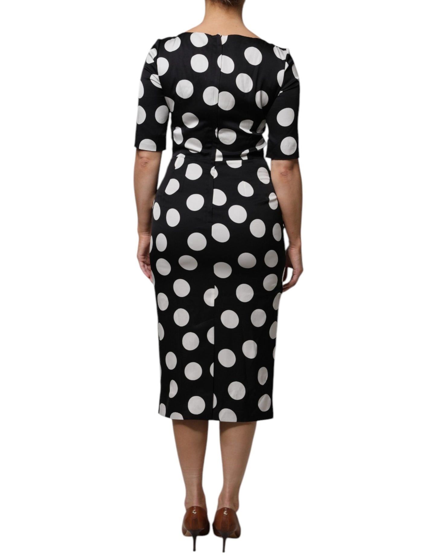Dolce & Gabbana Black White Silk Polka Dots Sheath Midi Women's Dress (Pre-Owned)