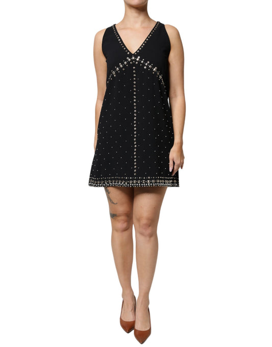 PINKO Black Embellished Polyester Sleeveless Shift A-line Mini Women's Dress