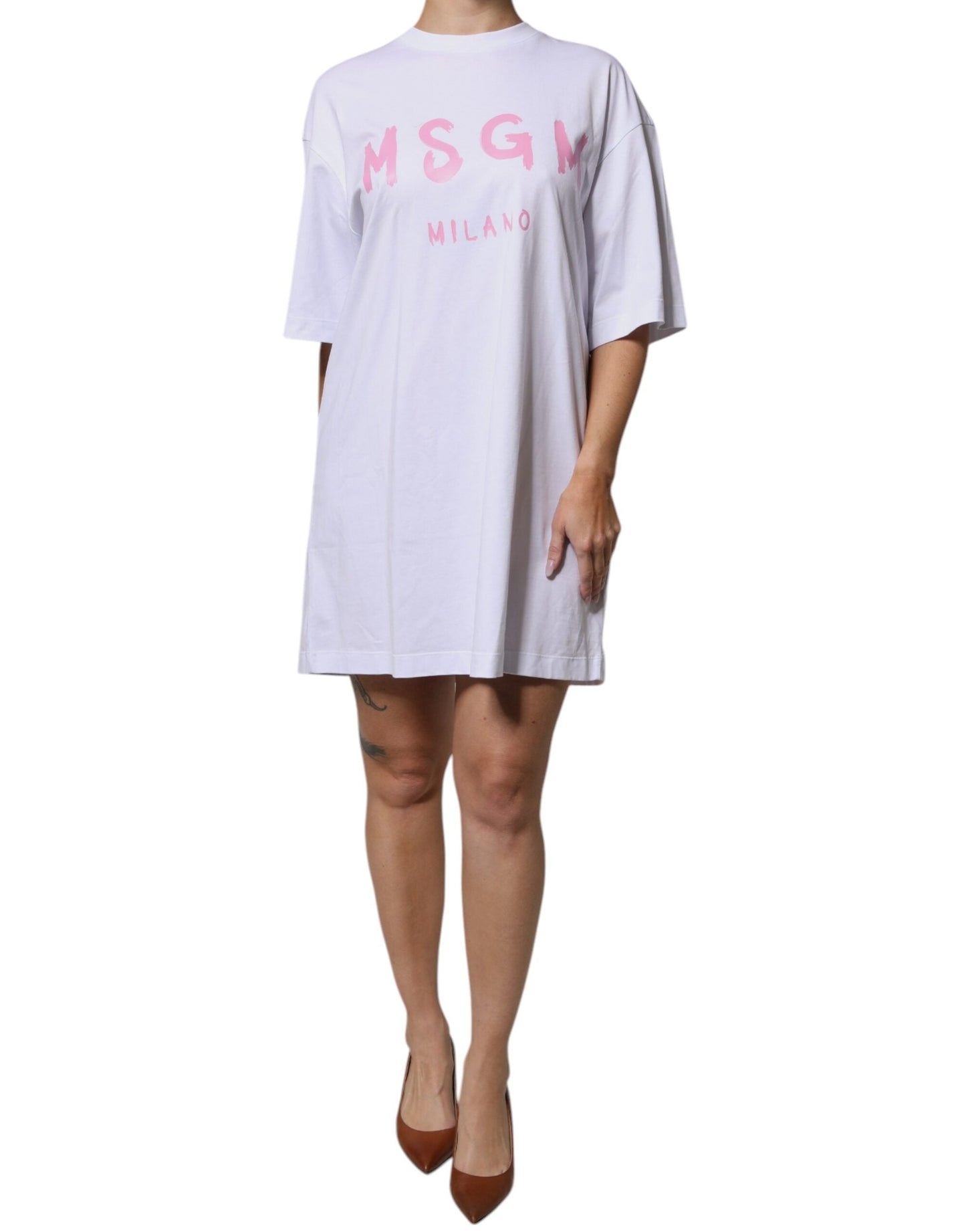 MSGM White Logo Print Cotton T-shirt Short Sleeves Mini Women's Dress (Pre-Owned)