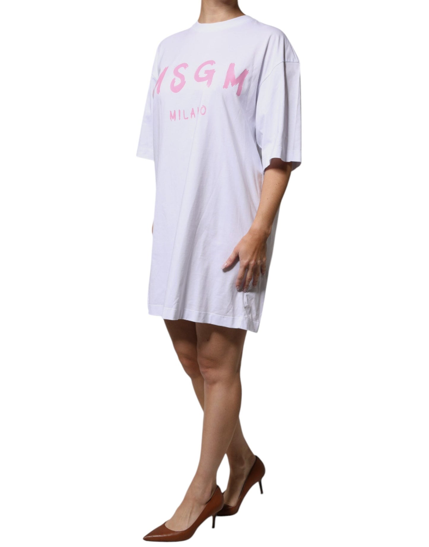 MSGM White Logo Print Cotton T-shirt Short Sleeves Mini Women's Dress (Pre-Owned)
