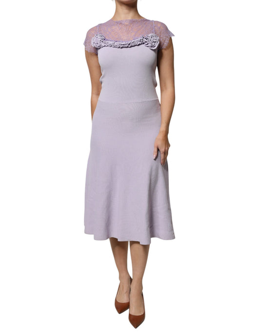Blumarine Purple Short Sleeves Floral Lace Trim A-line Midi Women's Dress (Pre-Owned)