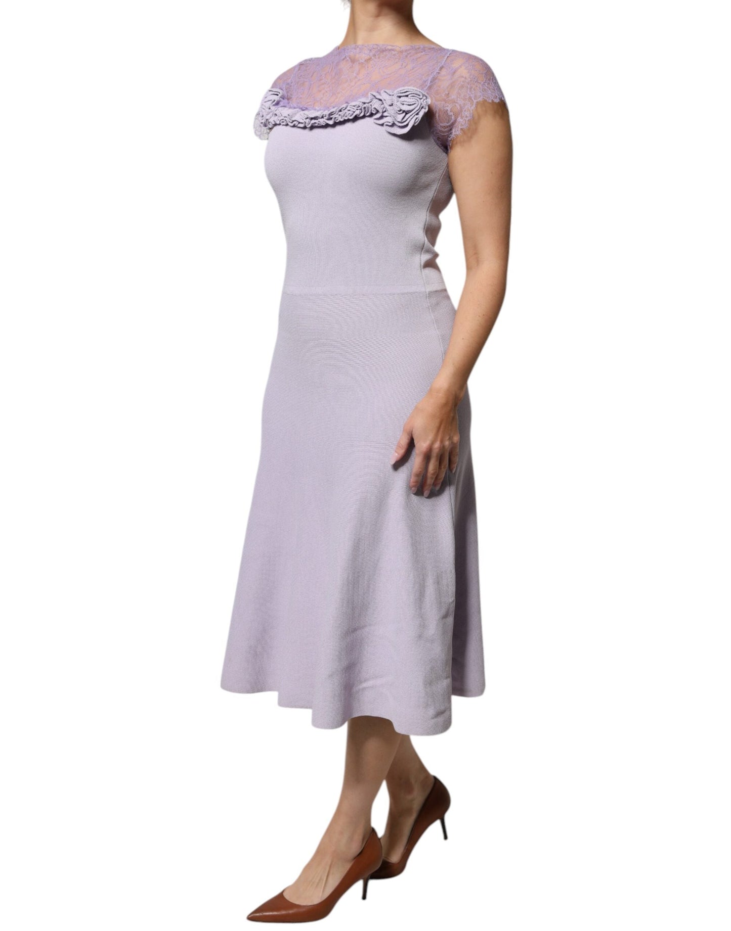 Blumarine Purple Short Sleeves Floral Lace Trim A-line Midi Women's Dress (Pre-Owned)