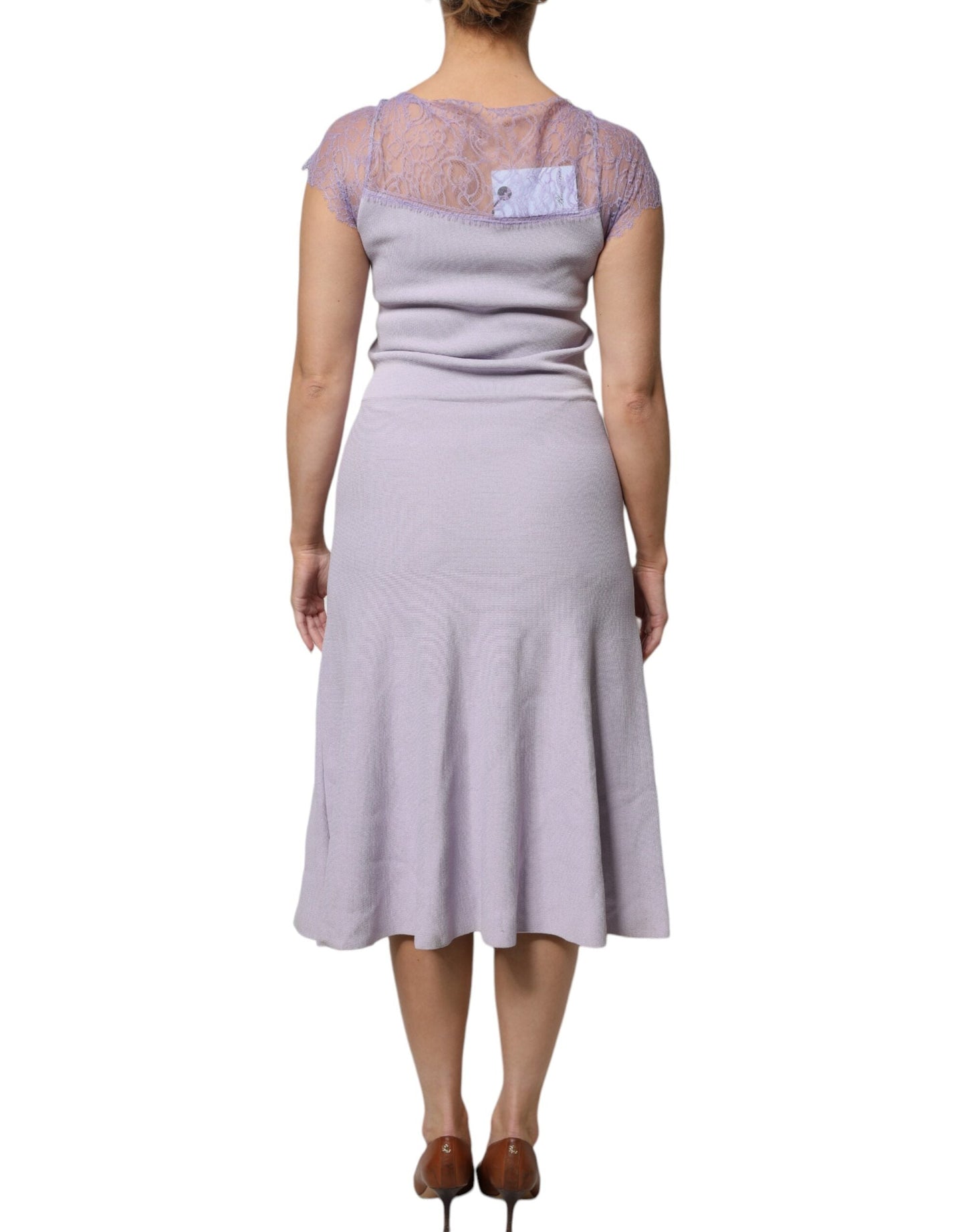 Blumarine Purple Short Sleeves Floral Lace Trim A-line Midi Women's Dress (Pre-Owned)