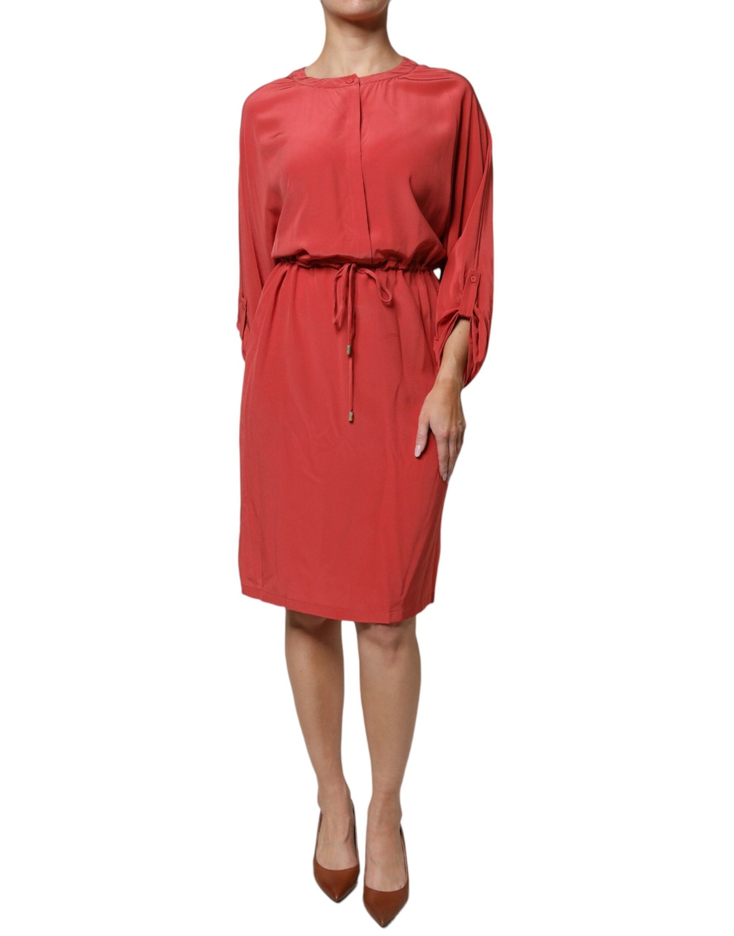 Peserico Red Long Sleeves Pencil Cut Drawstring Waist Women's Dress (Pre-Owned)