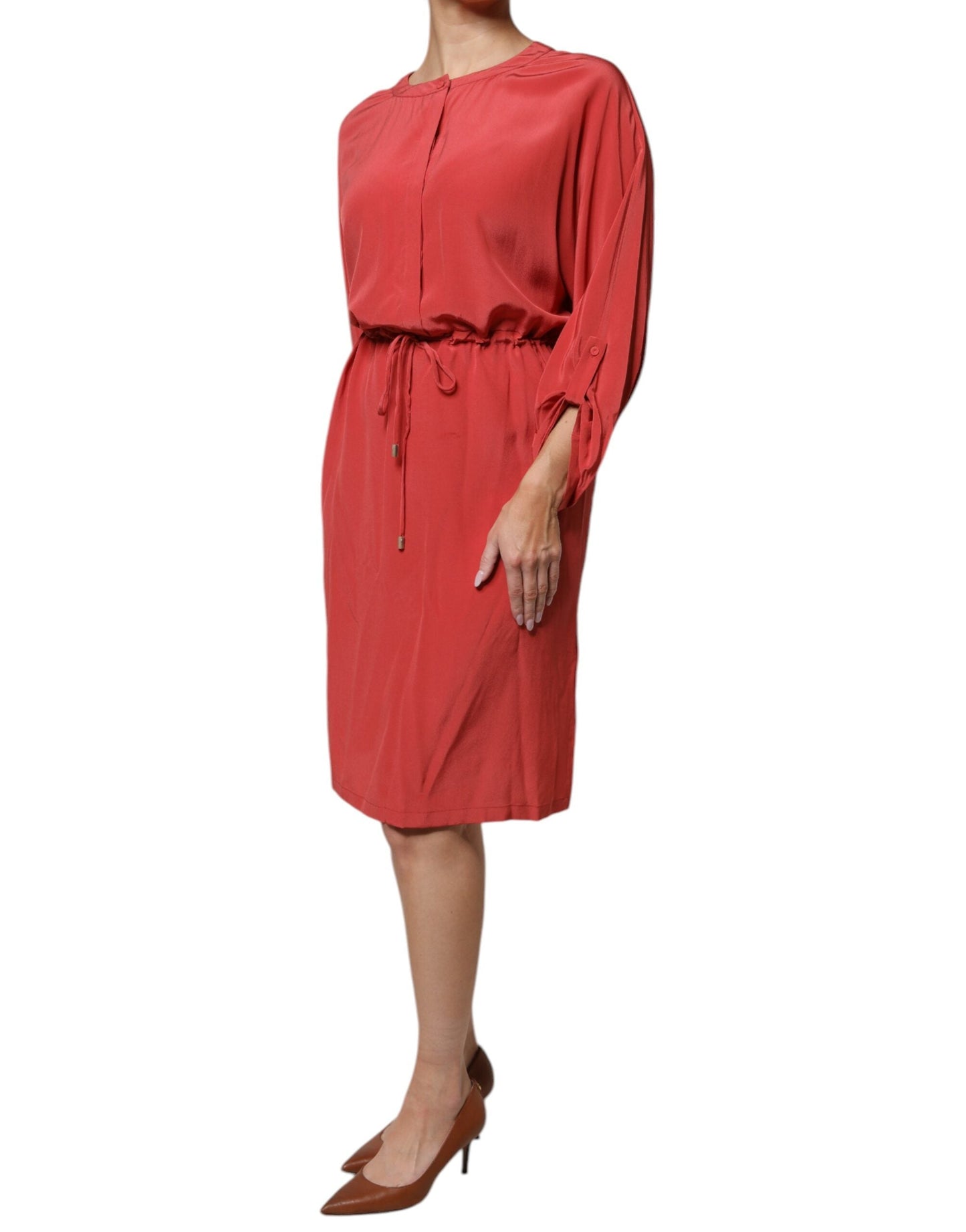 Peserico Red Long Sleeves Pencil Cut Drawstring Waist Women's Dress (Pre-Owned)