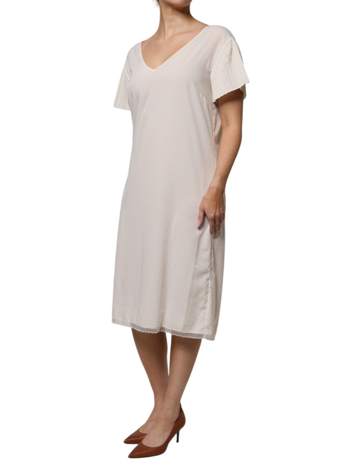 Peserico Off White Short Sleeves V-neck Shift Midi Women's Dress