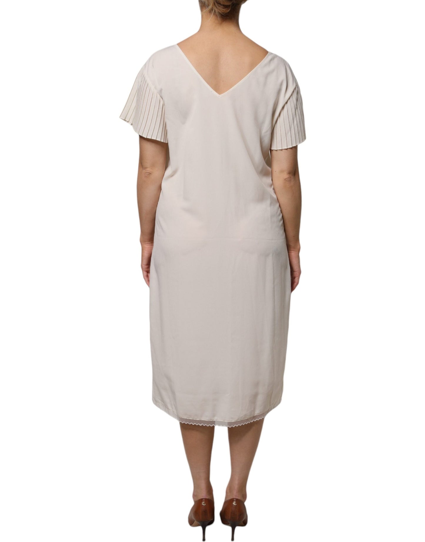 Peserico Off White Short Sleeves V-neck Shift Midi Women's Dress