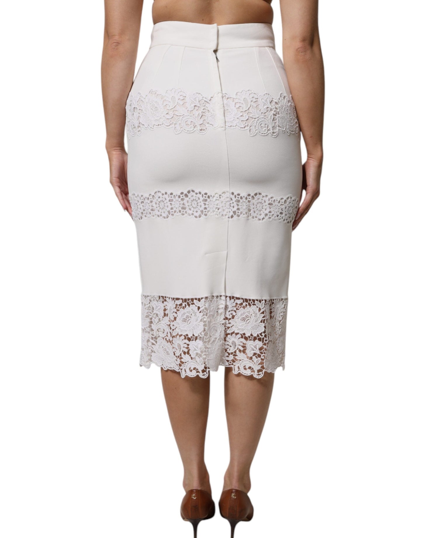 Dolce & Gabbana White Floral Lace High Waist Pencil Cut Women's Skirt
