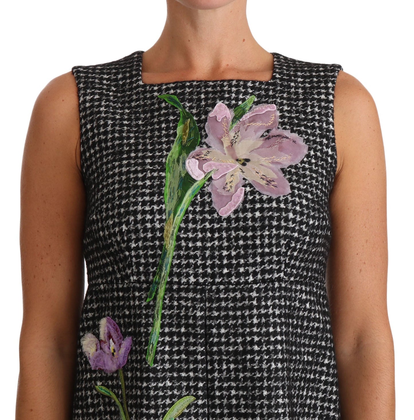 Dolce & Gabbana Gray Houndstooth Floral Appliqu�� Shift Mini Women's Dress