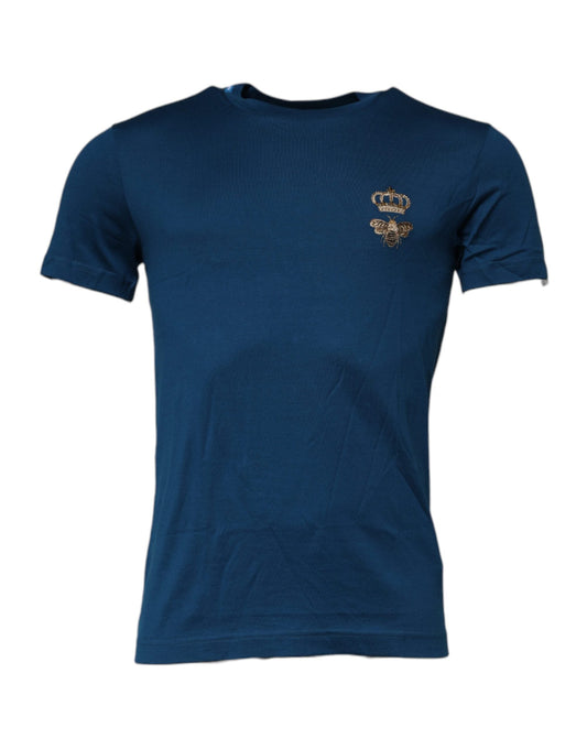 Dolce & Gabbana Blue Crown Bee Cotton Men Crew Neck Men's T-shirt