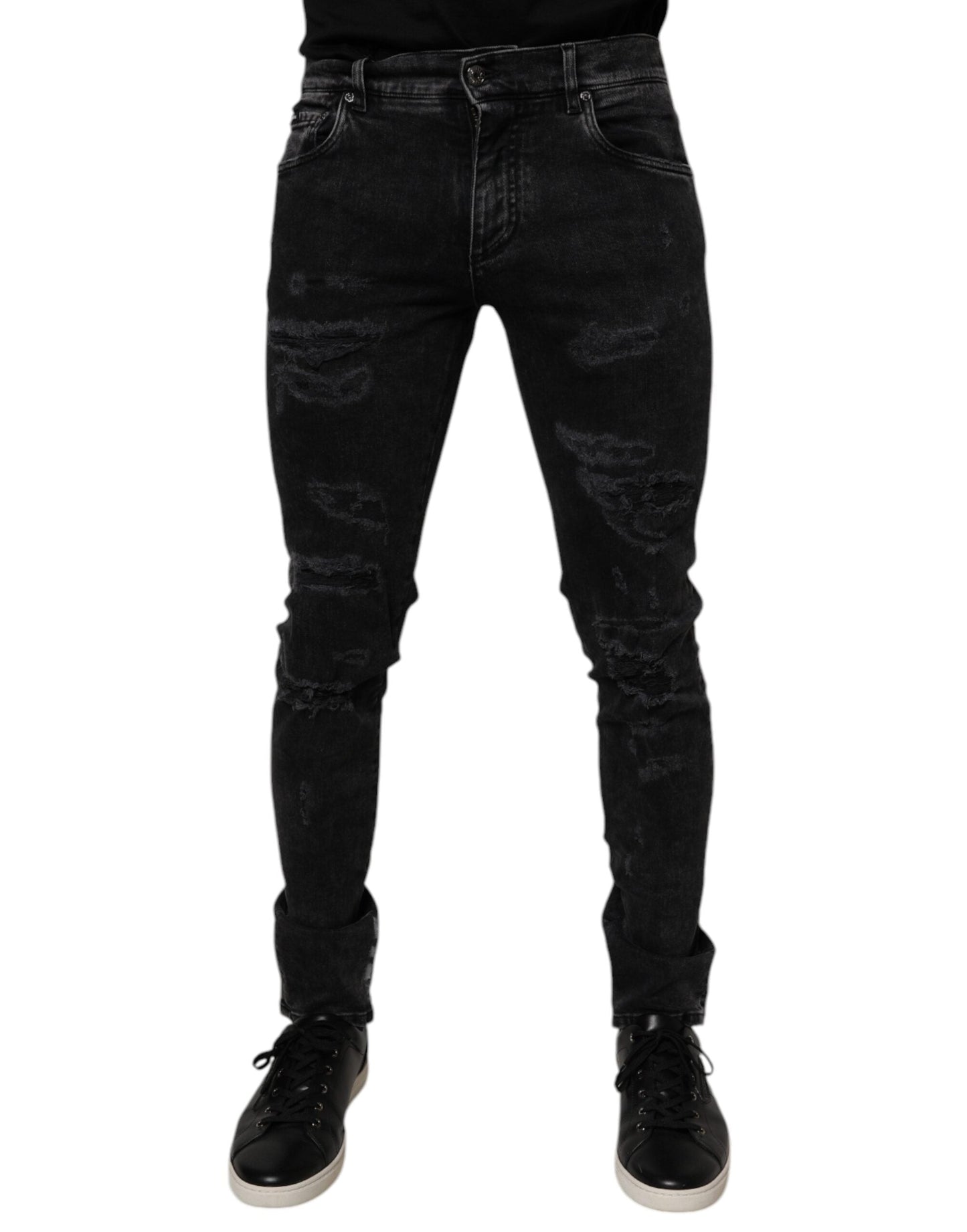 Dolce & Gabbana Black Tattered Cotton Skinny Men Denim Men's Jeans (Pre-Owned)