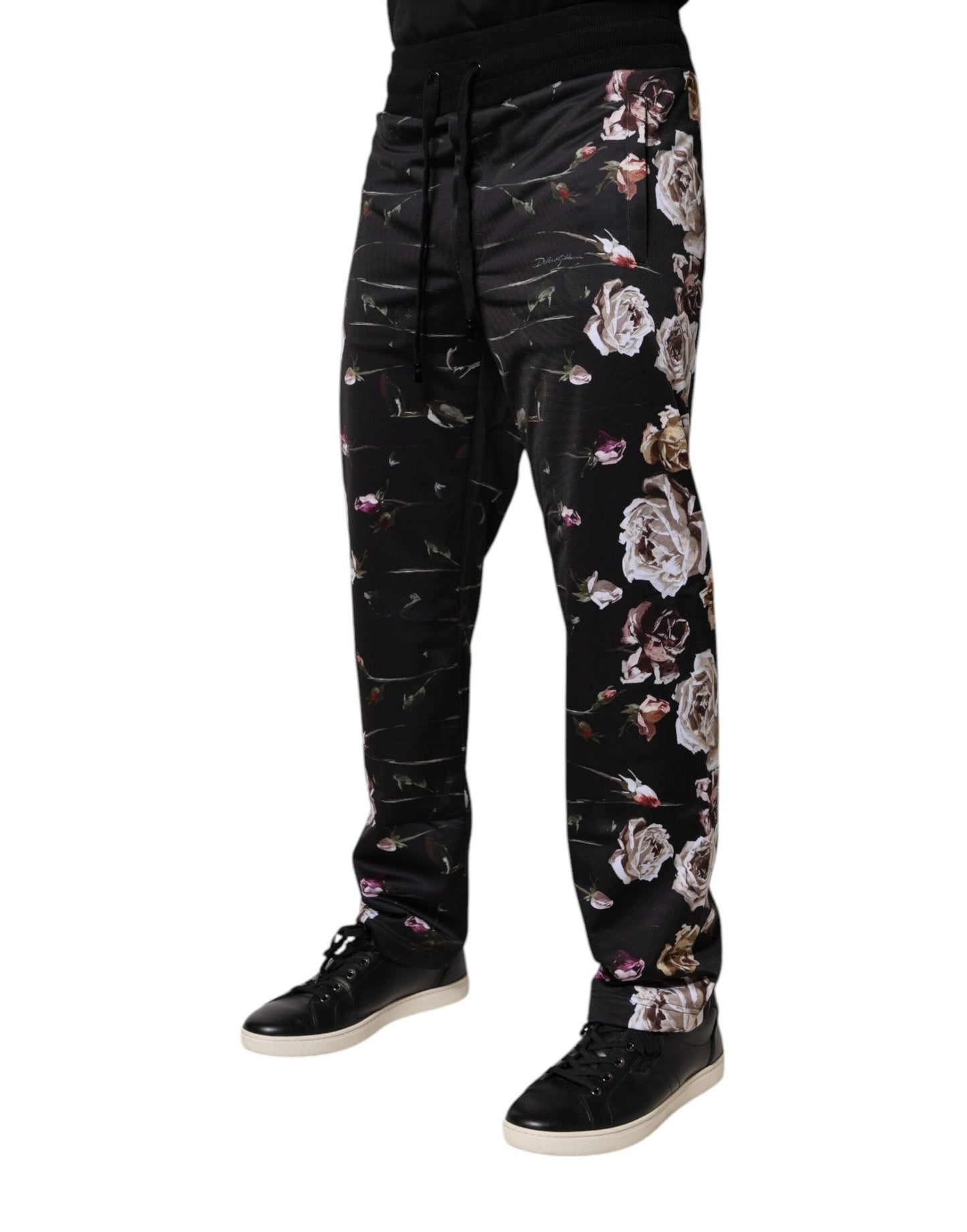 Dolce & Gabbana Black Floral Polyester Jogger Men's Pants