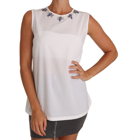 Dolce & Gabbana White Silk Crystal Embellished Fly Women's T-shirt