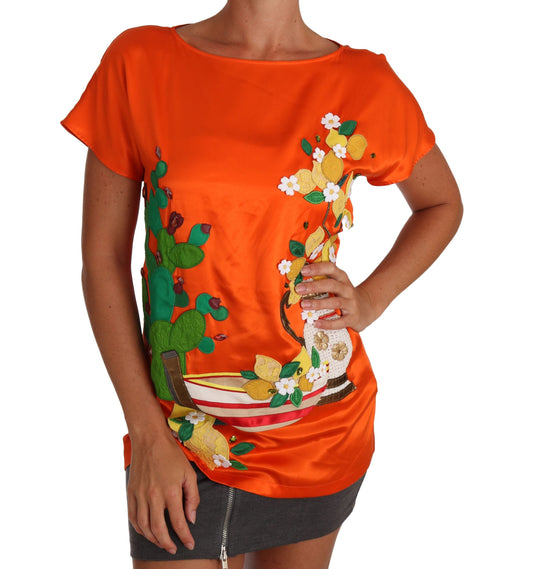 Dolce & Gabbana Silk Orange Lemon Crystal T-shirt Women's Top