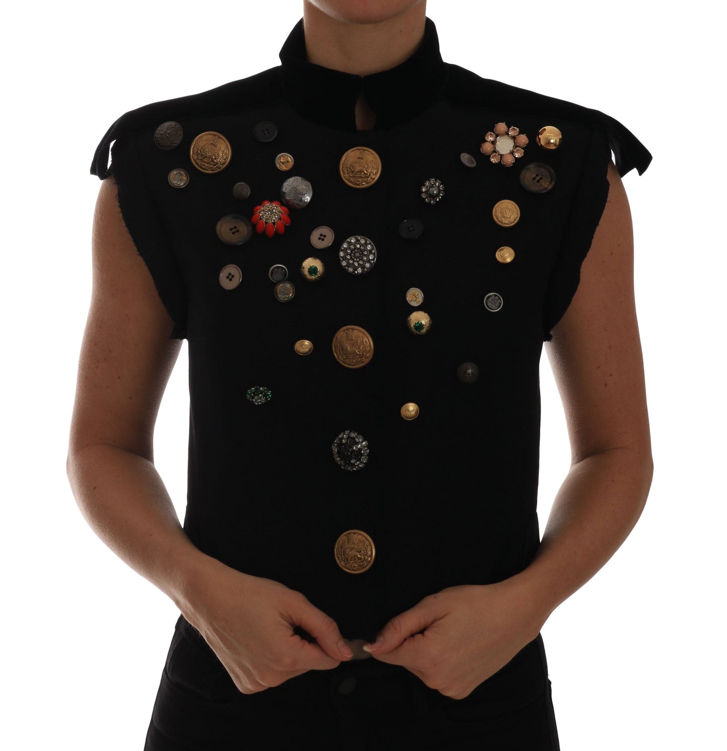 Dolce & Gabbana Black Embellished Floral Military Jacket Women's Vest