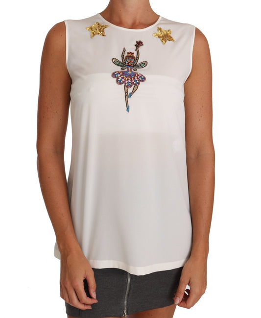 Dolce & Gabbana White Silk Embellished Crystal Sequin Fairy Women's Top