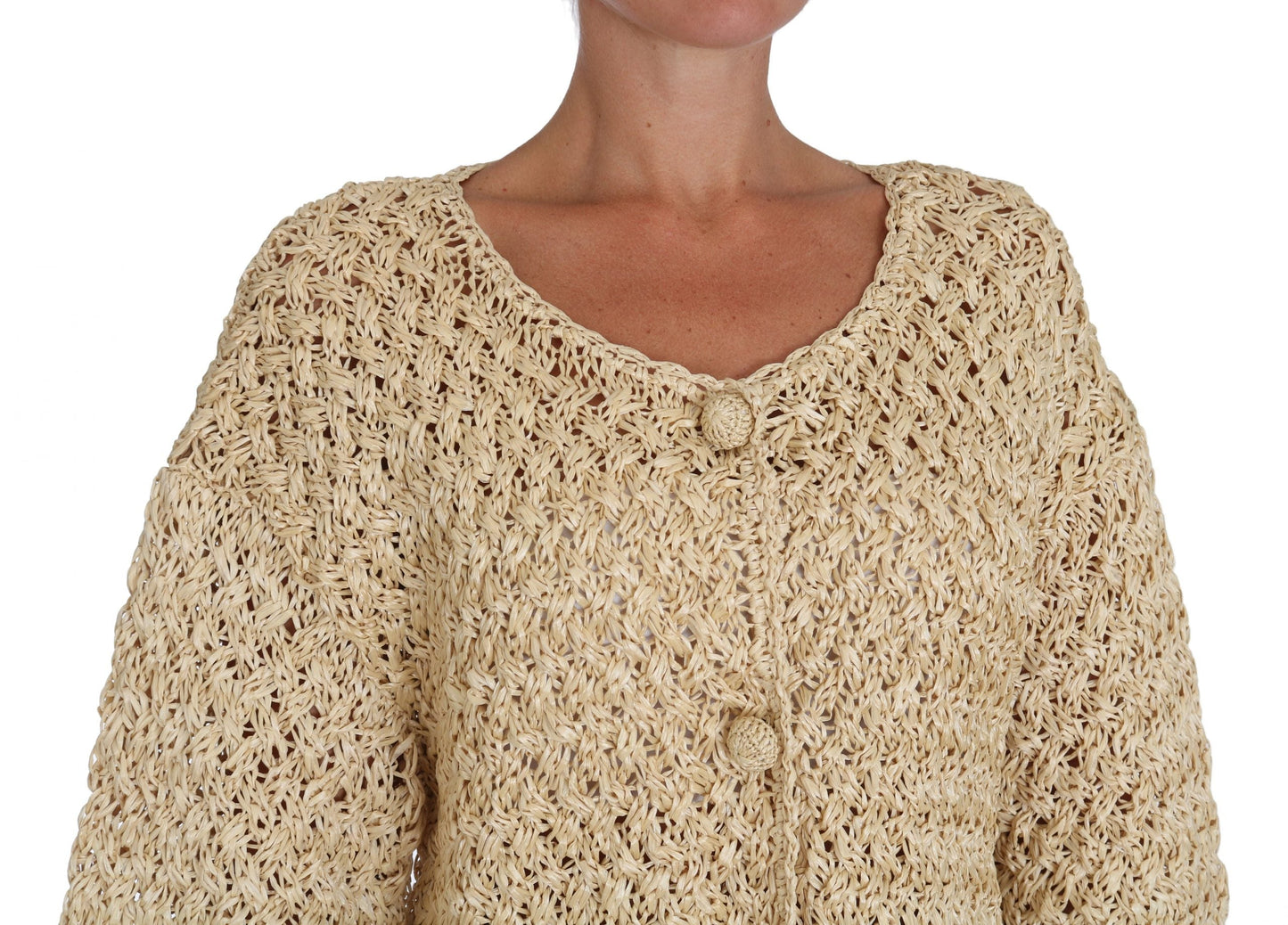 Dolce & Gabbana Beige Cardigan Crochet Knitted Raffia Women's Sweater