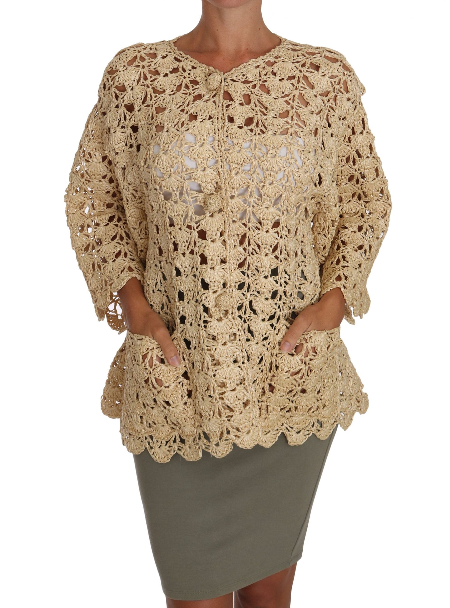 Dolce & Gabbana Beige Cardigan Crochet Knitted Raffia Women's Sweater