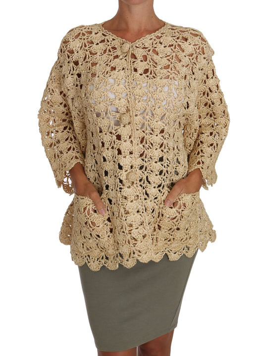 Dolce & Gabbana Beige Cardigan Crochet Knitted Raffia Women's Sweater