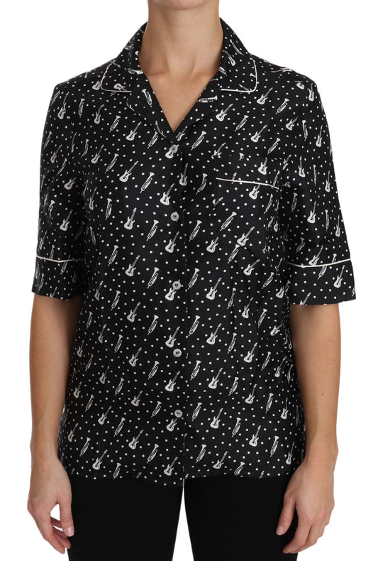 Dolce & Gabbana Black GuitarTrumpet Print Silk Shirt Women's Top